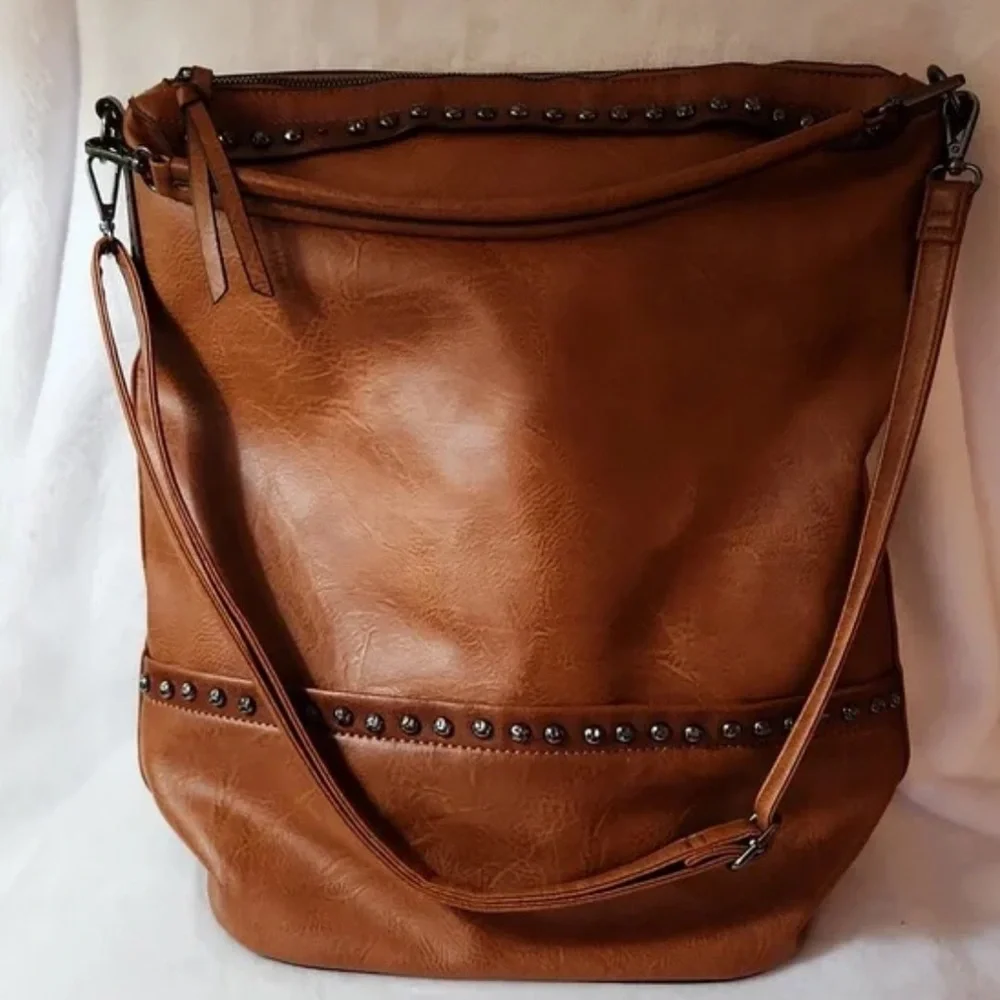 Sam and Hadley Large Faux Leather Barrel Bucket Bag Hobo Boho Rivets